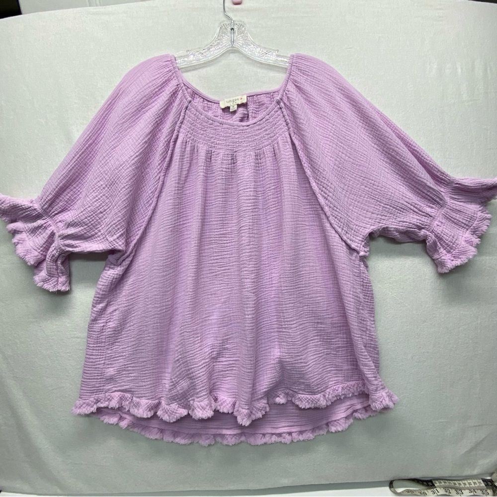 Umgee Lavender Ruffle Sleeve Pullover Smocked XL Blouse Frayed Hem 3/4 Sleeve